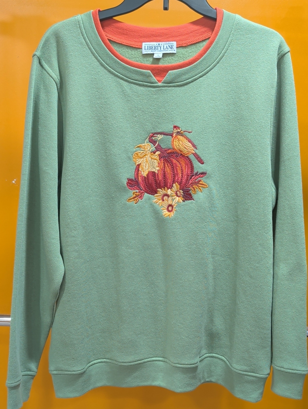 Liberty Lane Women's Sage Green Embroidered Sweatshirt with Coral Trim Size L